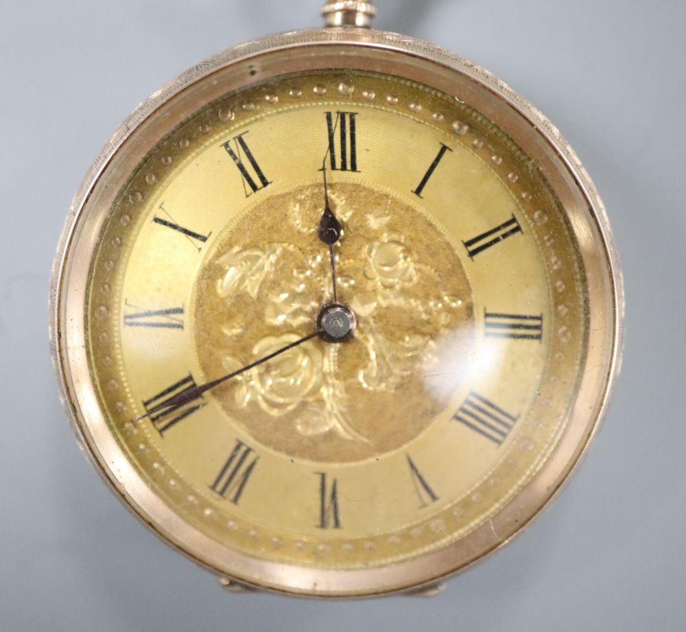 An early 20th century engraved 9ct open face fob watch,